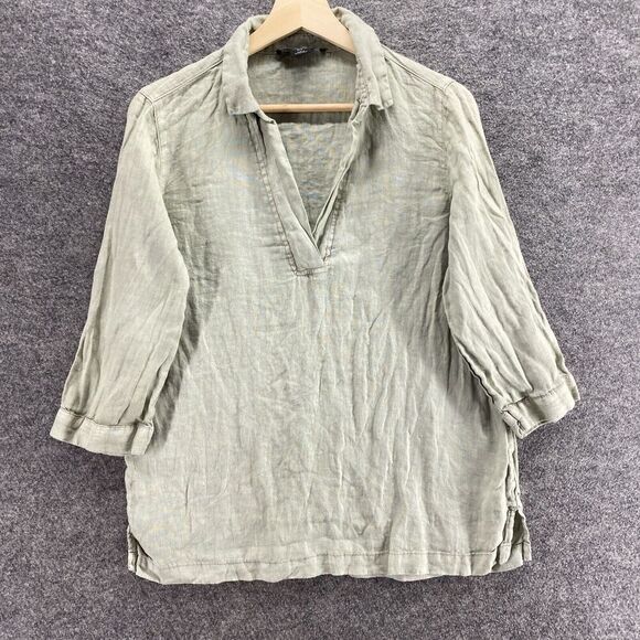 Tahari Blouse Women S Small Gray Linen Collared 3/4 Sleeve Pullover Casual - Picture 4 of 9